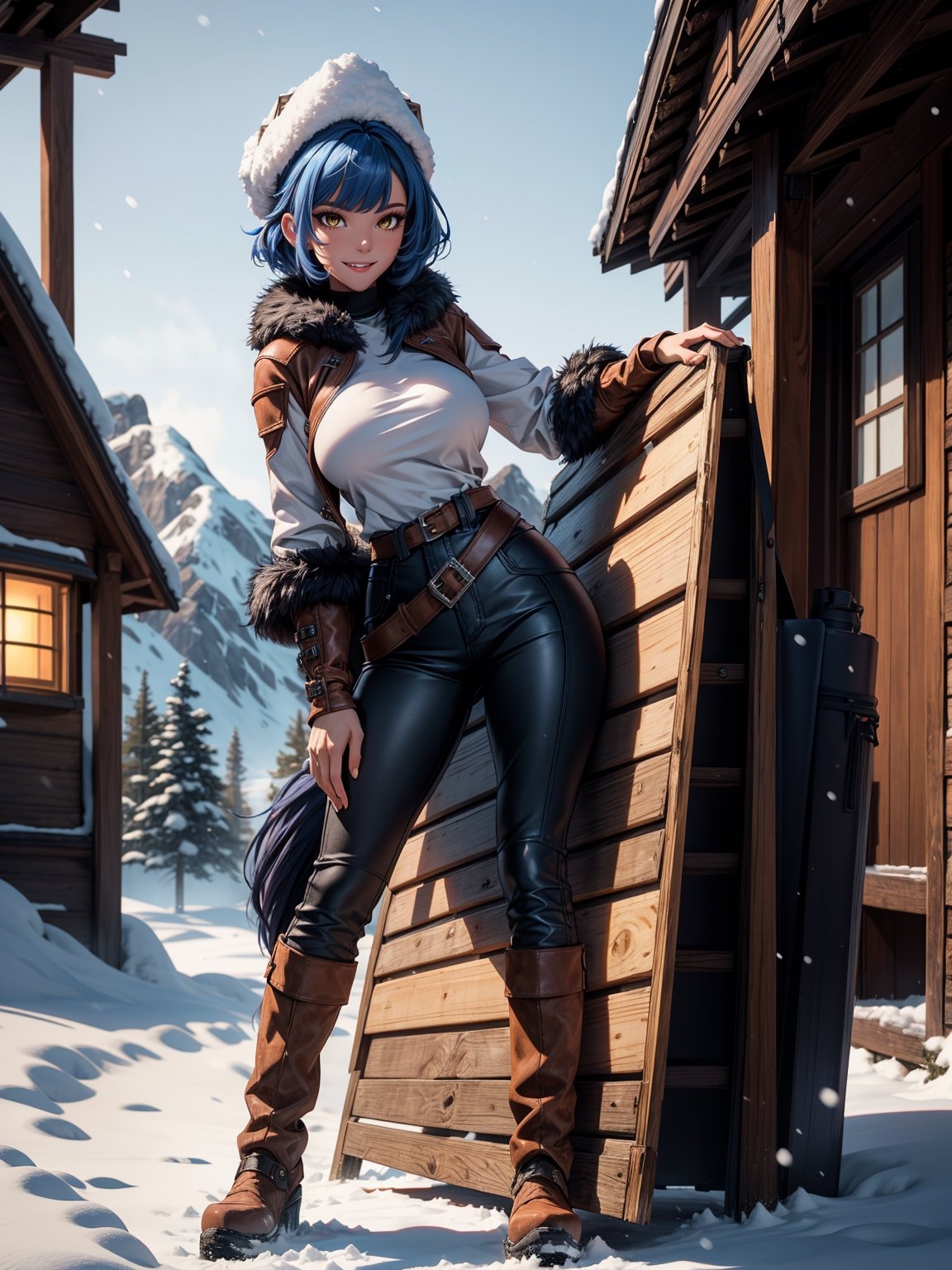 A hunting woman, wearing a wolf's fur coat, white T-shirt, long black pants, brown leather boots, monstrously gigantic breasts, blue hair, short hair, hair with bangs in front of her eyes, looking at the viewer, hood on her head, (((erotic pose interacting and leaning [on something in the environment|on an object]))), in front of the entrance of a house all made of wood, with snow vehicle, machines, tools, mountain bottom with lots of snow, snowing hard, ((full body):1.5), 16k, UHD, best possible quality, ultra detailed, best possible resolution, Unreal Engine 5, professional photography, (( well-detailed fingers, well-detailed hand, perfect_hands))