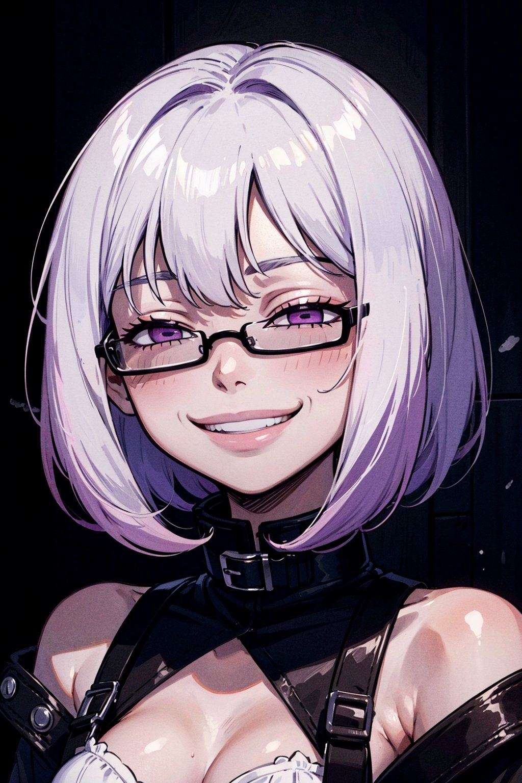 (masterpiece, best quality, ultra-detailed, 8K), ((1girl)), (picture-perfect face, Purple eyes, pink glasses), (pale skin), small breasts, (Shoulder length white hair, bob-wig, Purple tips, bangs), IncrsAnyasHehFaceMeme, (black jacket, high collar), grin smug