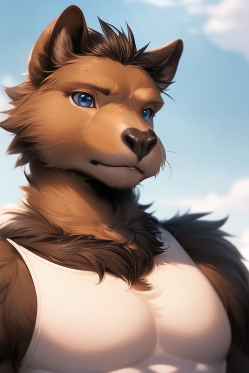 anthro, (capybara, rodent), solo, (brown fur:1.5),(masterpiece, best quality, ultra-detailed, 8K, highres, ultra detailed), ((1 male)), adult, mature, aged up, handsome, (brown hair, short hair, blue eyes), extremely detailed face, Serious, FurryCore