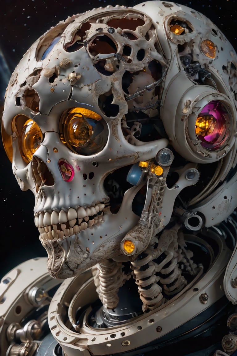 absurdres, intricate details, masterpiece, best quality, high resolution, 8k, (skeleton in astronaut spacesuit:1.2), (skull:1.3), (broken helmet:1.4), (colored light bulbs:1.3), spacesuit, lunar surface, craters, black sky, stars, shot on camera Canon 1DX, 50 mm f/2.8 lens, raw, by Paul Žižka