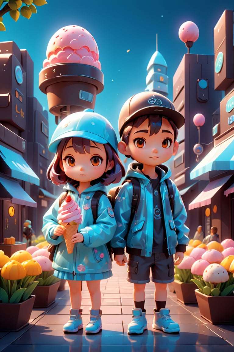 full head, flowers, masterpiece,chibi,cartoon style, best quality,8k,cg, city young woman with boy's friend travel tourist outdoor couple happy vacation lifestyle holiday street summer urban tourism traveler town journey trip ice cream dessert food.,3d style,3d,cyberpunk style