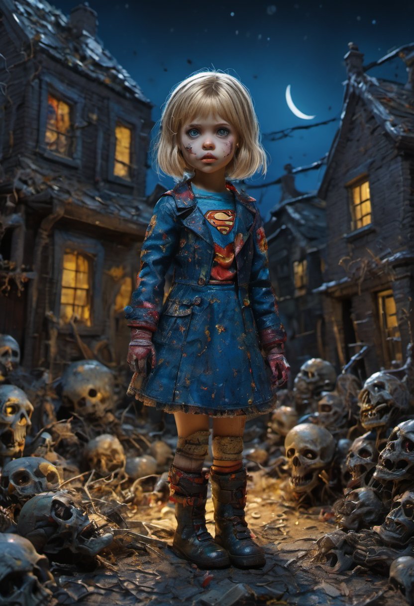 adorable dark detailed, cute super girl the killer doll, dark fantasy, zombie apocalypse, Boneyard Environment, medium angle, bright, UHD, perfect, strong contrast, intricate details, colorful painting, Craola, Dorian Vallejo, Damian Lechoszest, Todd Lockwood,, ((The Night with Van Gogh)),4nime style,3d style