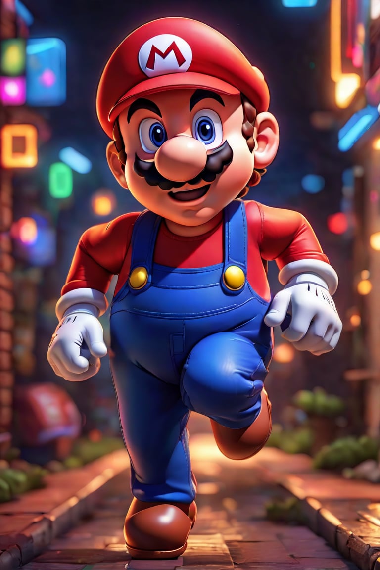 full body mario running, 3d cartoon character, hyperrealism, amazing background, illumiated by neon light, creative, hd colors, colorful, disney style, unreal engine style