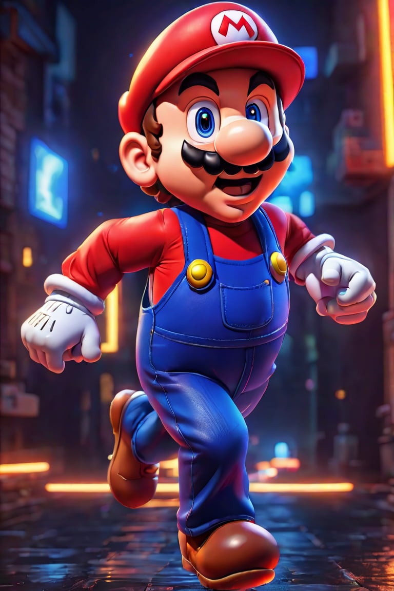 full body mario running, 3d cartoon character, hyperrealism, amazing background, illumiated by neon light, creative, hd colors, colorful, disney style, unreal engine style