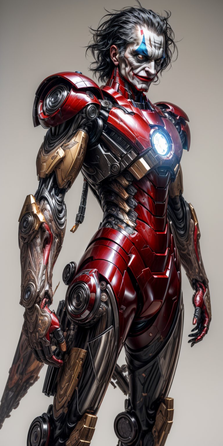 (8k, 3D, UHD, highly detailed, masterpiece, professional oil painting) A hybrid of Joker and the Iron Man • Intricately detailed, intricate complexity, 8k resolution, octane render, hdr+, photoreal, hyperreal, masterpiece, perfect anatomy

,mecha musume