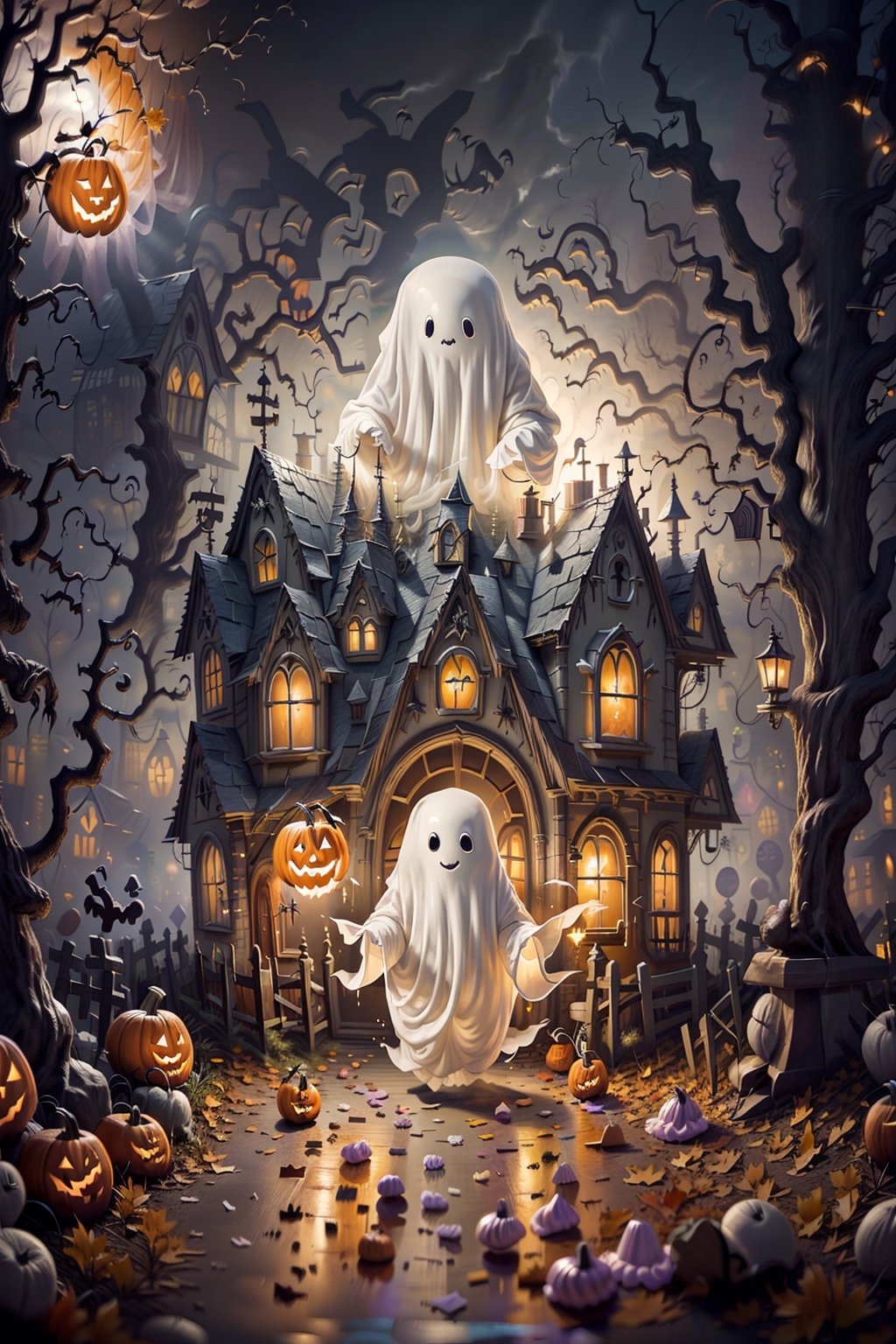 (masterpiece, top quality, best quality, beautiful and aesthetic), ((Qiqi as halloween candy house)), extremely detailed, hyper realistic, (Cinmatic:0.4), Explore the whimsical world of a (((amusement park made from candy))), where (((Qiqi the friendly ghost))) guides you through a Halloween-inspired adventure, candy, 
,C4ndyl4ndAI,ghost