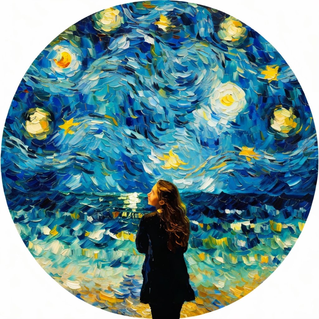 ,Circle, 1 girl, portrait, sea, van gogh style, starry night