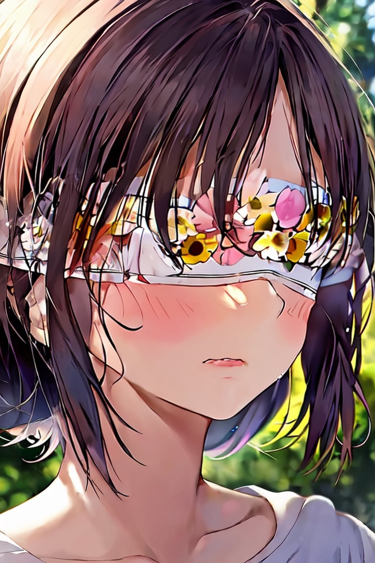 1 girl, Kanna Kamui, portrait, flower gardern, masterpiece, best quality, nature light, Circle, nature background, Flower Blindfold, crying, (tear),