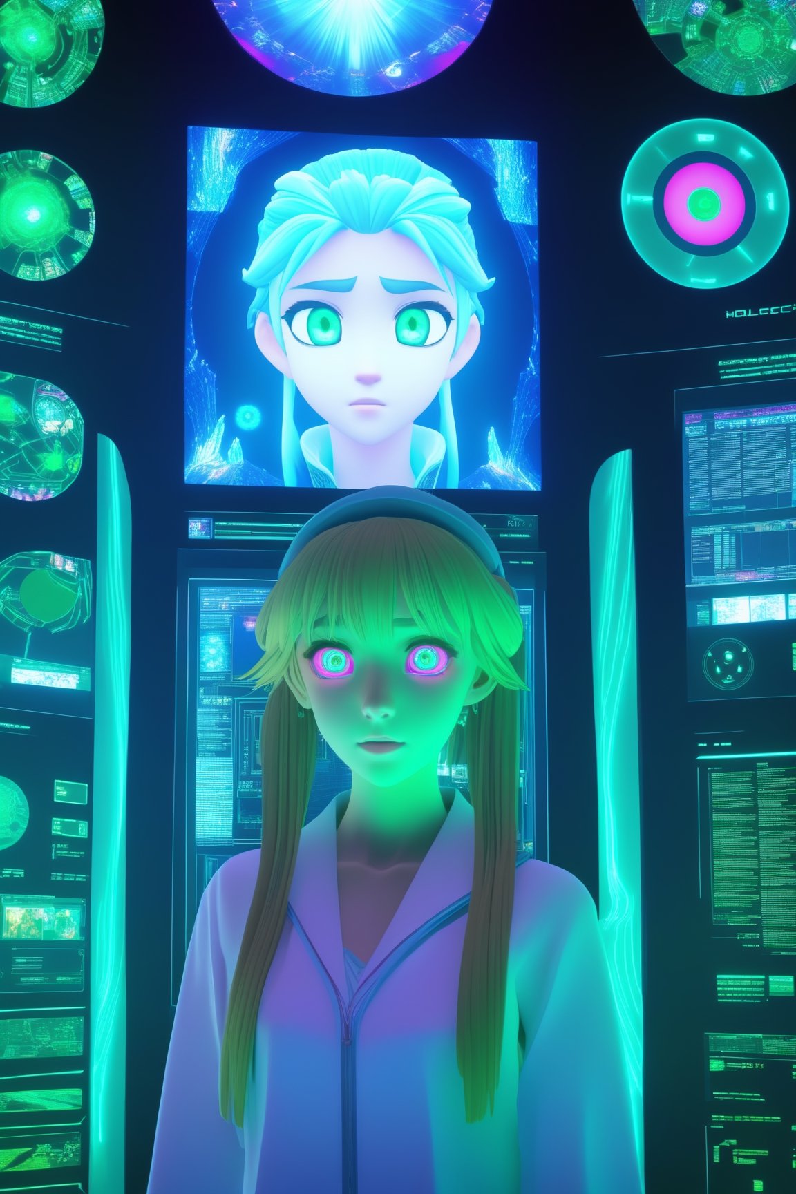 colorfull, effect, anime style, a screen shot of a girl look at viewer that is on display in a museum of computer technology, hologram, frozen, masterpiece, best quality, high detailed, magic circle, detailed face, green-eyes, Wide Shot