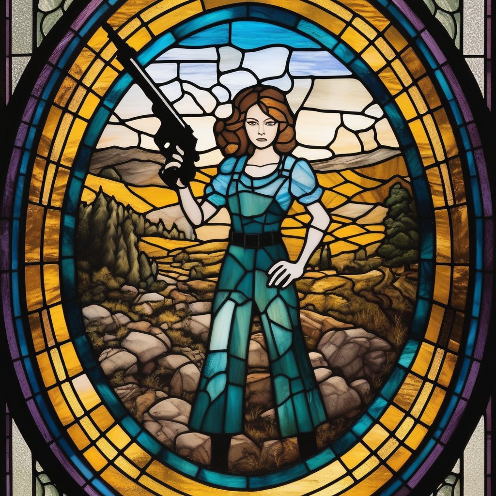 stained glass, circle, 1 girl, full body, holding gun, horror, portrait, landscape, masterpiece, best quality