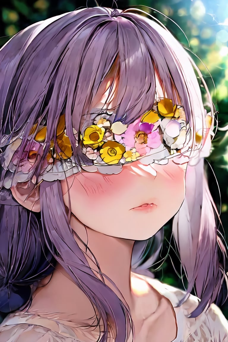 1 girl, Kanna Kamui, portrait, flower gardern, masterpiece, best quality, nature light, Circle, nature background, Flower Blindfold, crying, (tear),