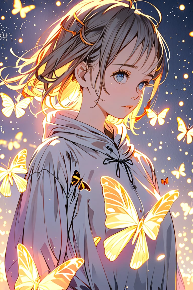 1 girl, portrait, anime style, night light, buterfly glowing