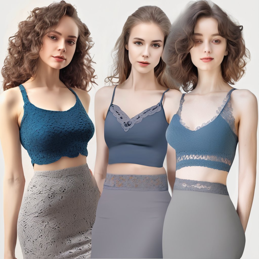 woman in a blue top and grey skirt posing for a picture, wearing a cute top, crochet, wearing a camisole, by Marie Bashkirtseff, by Elena Guro, flattering photo, wearing a designer top, with fashion clothe, deborah, ekaterina, dressed in a lacy, cute top, tight fitted tank top, nice