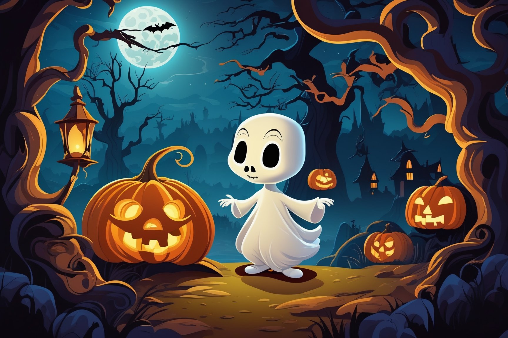  Casper character, cartoon, creepy style, nature, masterpiece, best quality, look at viewer, night landscape, halloween style