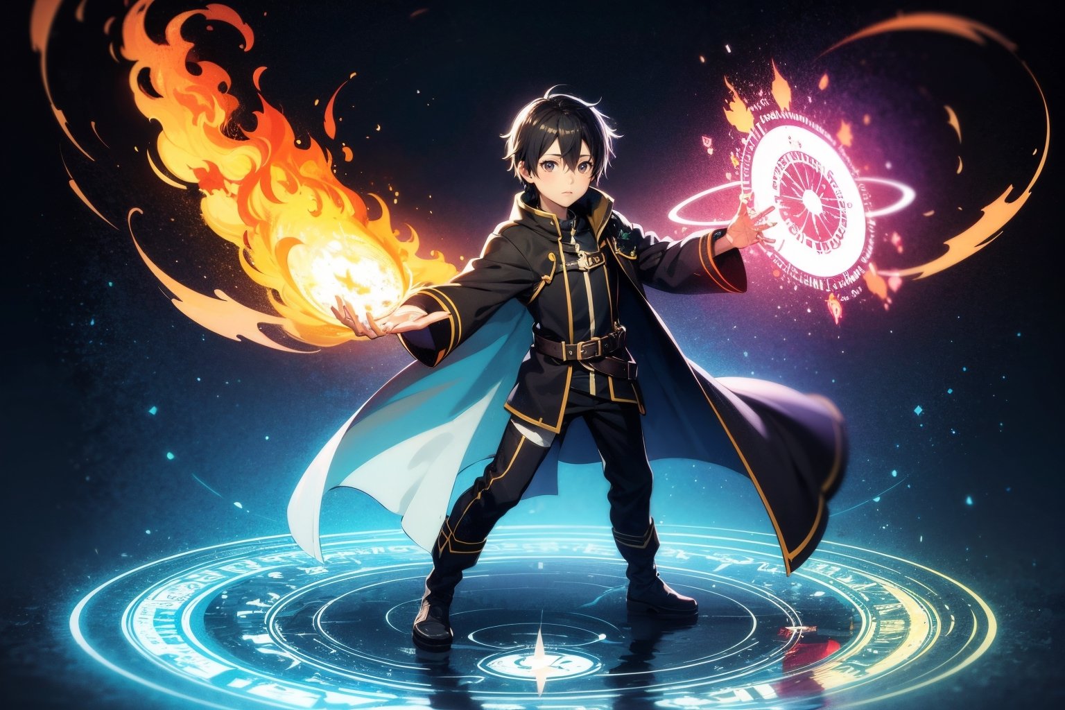 1 man, colorful, elemental, water, fire, Kirito, Swort Art Online, magic,  masterpiece, best quality, full body, Wide Shot, magic Circle, Circle