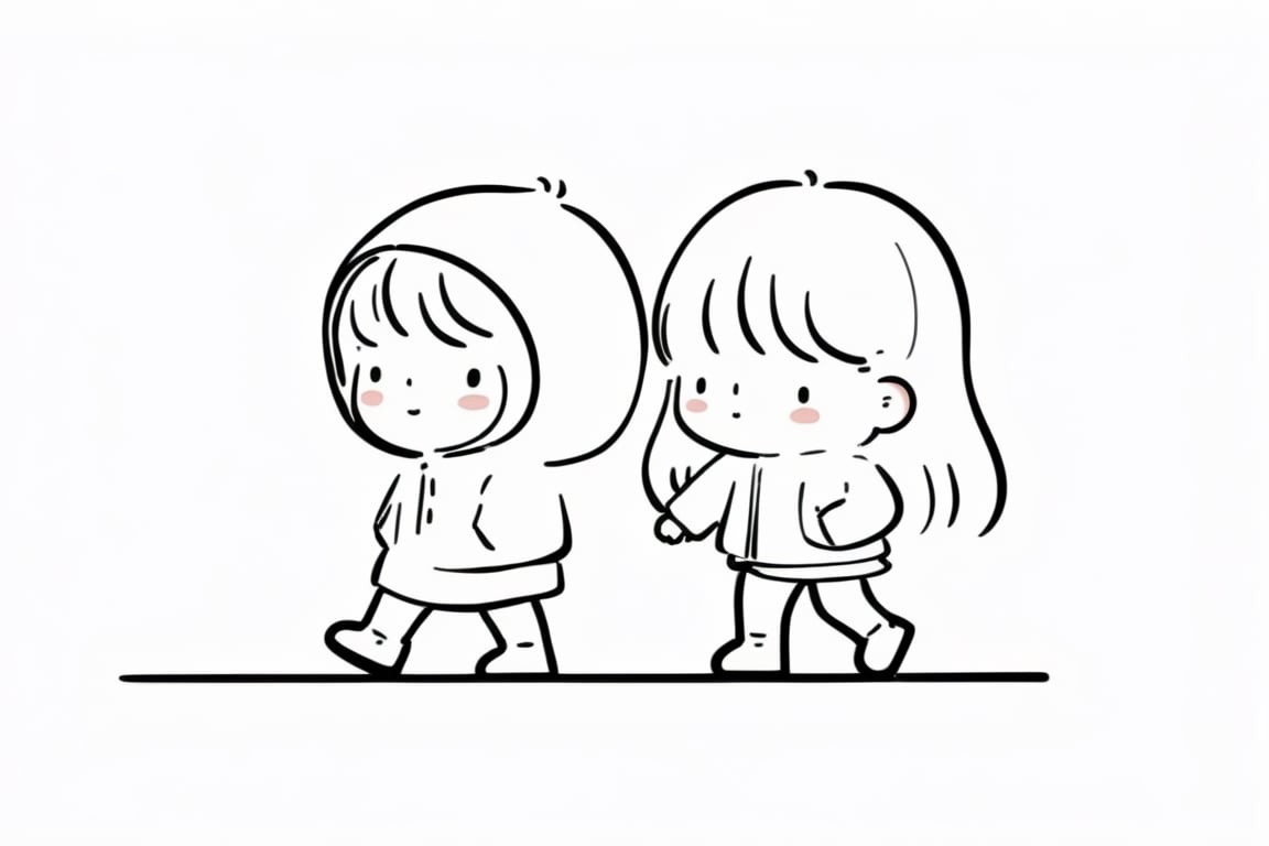 a boy and a girl walking on street, Line Chibi sping, white background, 
