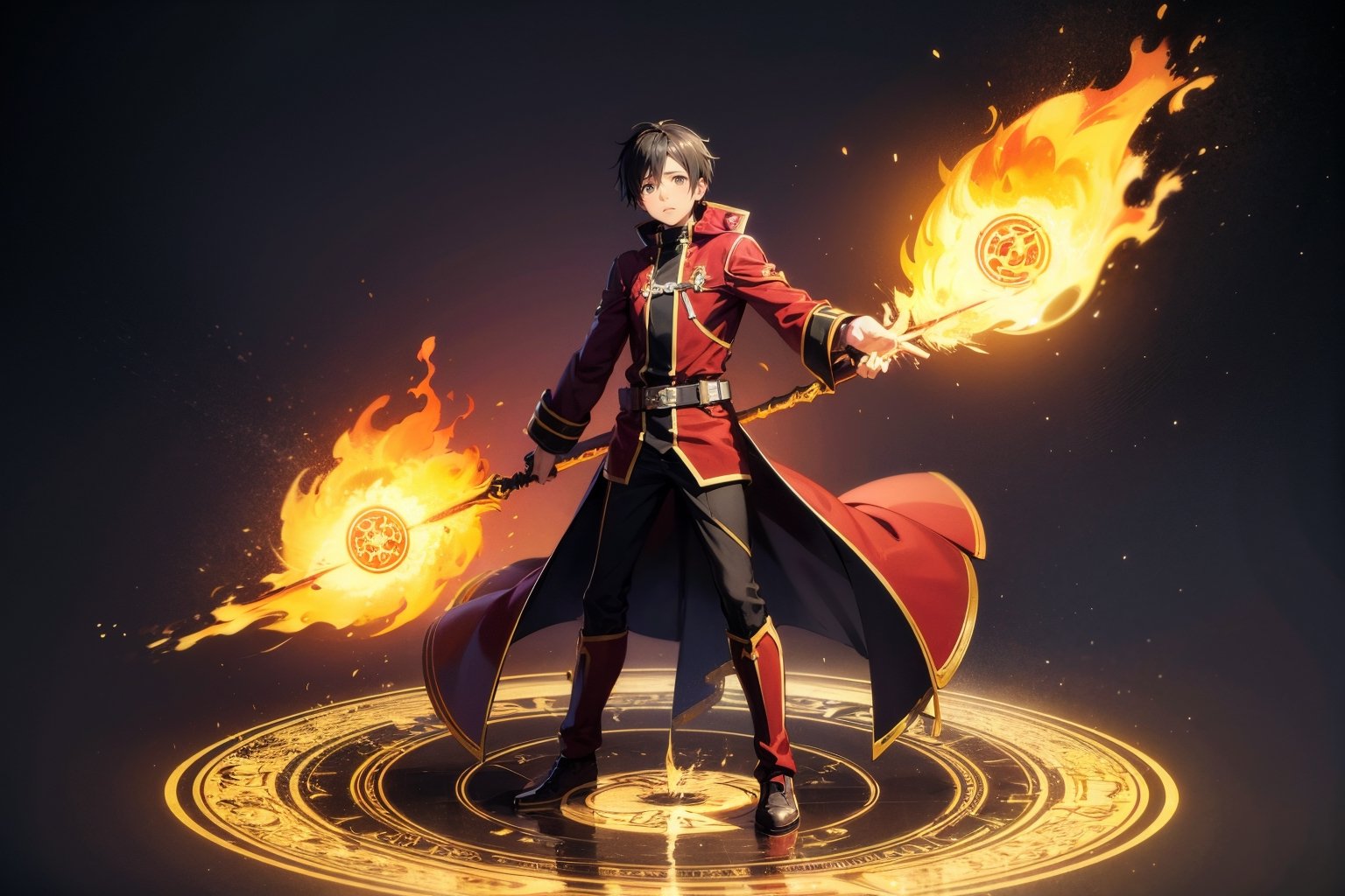 1 man, colorful, elemental, water, fire, Kirito, Swort Art Online, magic,  masterpiece, best quality, full body, Wide Shot, magic Circle, Circle