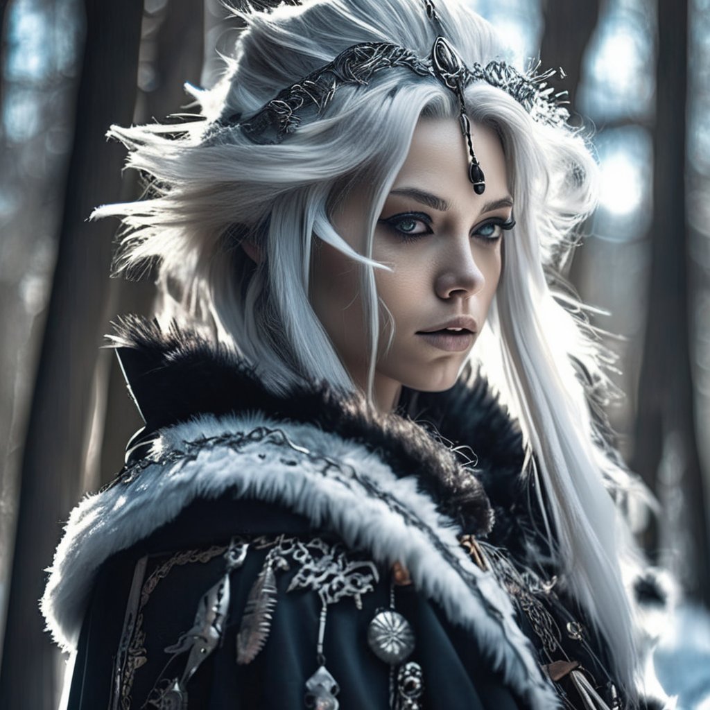 A fierce female warrior fighting in a snowy forest, in Medieval cloak, fur trimmed cloak, long hair, looking at viewer, blue eyes, simple background, (hair ornament), gem, tassel, hair between eyes, jewelry, upper body, earrings, lips, fur trim, eyelashes, portrait, beads, emo, (sharp eyes:1.4), (rebellious:1.4), (fierce:1.4), (standing: 1.2), silver-white hair, Gothic make-up, tough, wild. Kyoto Animation stylized anime, cinematic Lighting, ethereal light, intricate details, extremely detailed, incredible details, full colored, complex details, insanely detailed and intricate, hyper maximalist, gorgeous light and shadow, detailed decoration, detailed lines. Masterpiece, best quality, aerial view, HDR, UHD, unreal engine. looking at the camera, dark Fantasy background, representative, fair skin, beautiful face,A beautiful girl, blonde hair, dynamic character, detailed exquisite face, bold high quality, high contrast,art_booster,DonMS4kur4XL