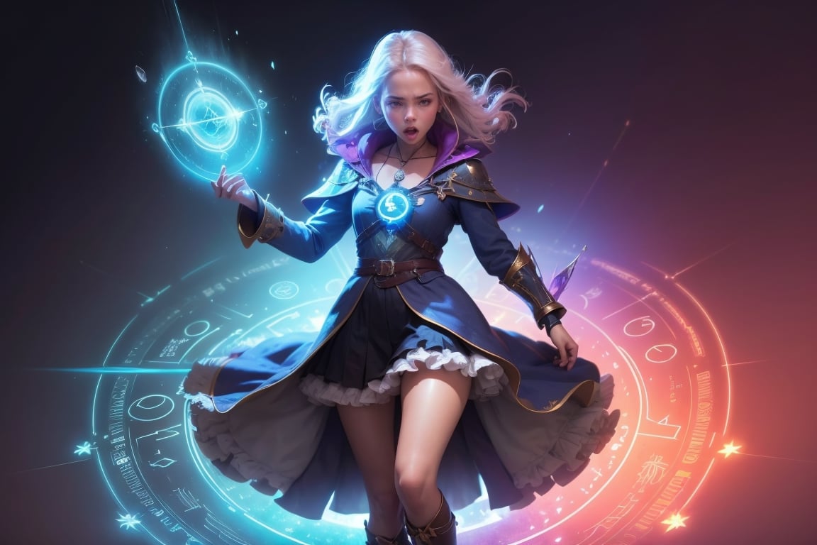 1 girl, colorful, full body, Wide Shot, wallpaper, energy, Unknown terror, arcane, Around the magic ,magic surrounds ,magic rod, book, pages flying all over the sky, Know it all, Predicting the Future, Know the past, Infinite wisdom, blue flame, Warlock, Magical Circle, Circle, Pentagram, incantation, mantra, Witcher,  Singing magic,  masterpiece, ultra realistic, best quality,Circle