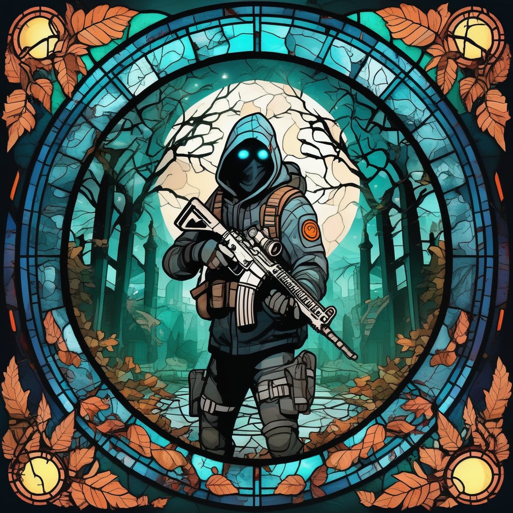 creepy, stained glass, circle, horror, zombies, 2D, Character style the division, wearing a hood, with a precision rifle in his hands, camouflaged in the middle of the leaves, moonlight hitting his back Masterpiece, best quality, (very detailed CG unit 8k wallpaper) (best quality), (best illustration),