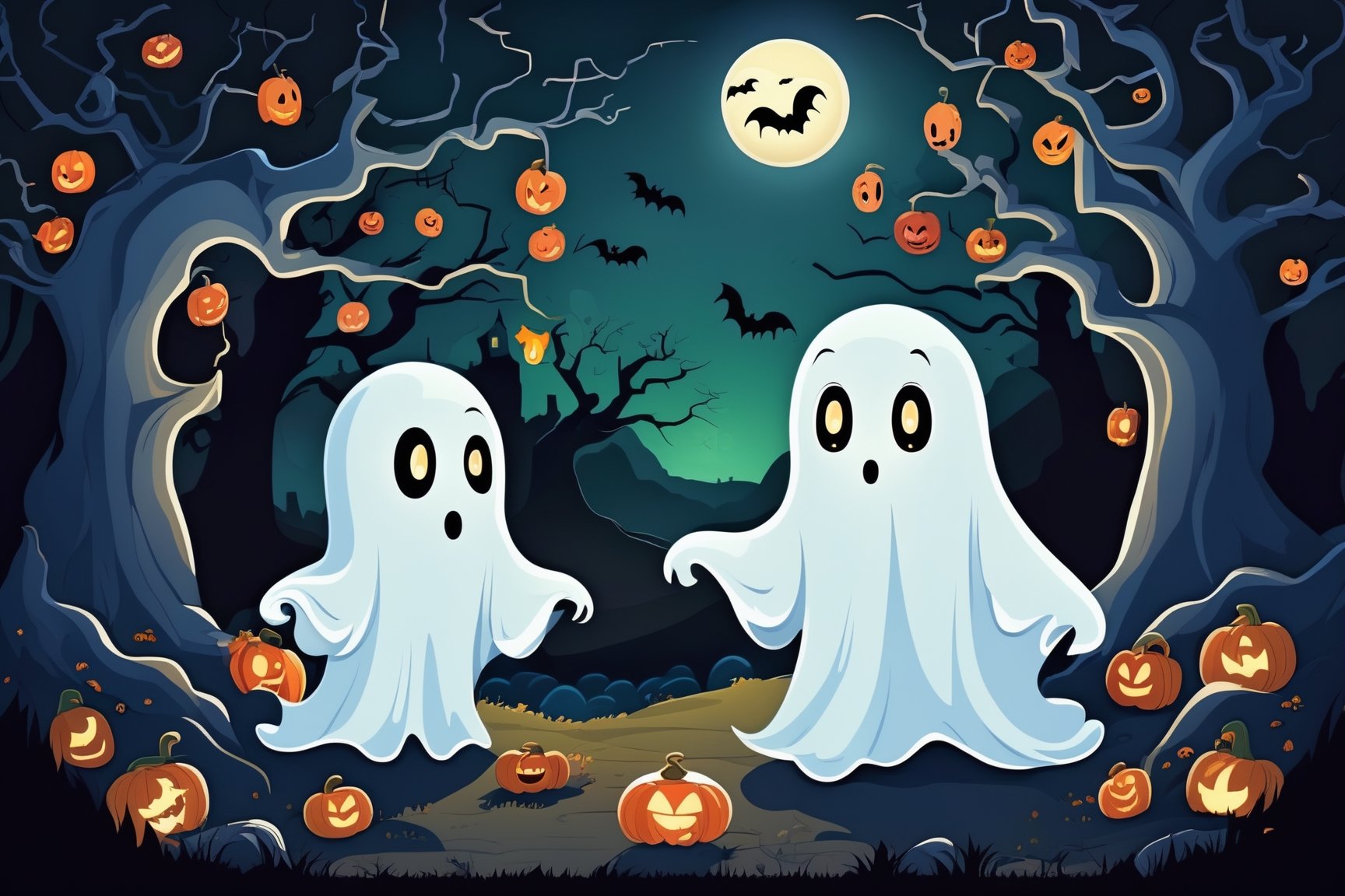 1 ghosts cute, Casper character, cartoon, creepy style, nature, masterpiece, best quality, look at viewer, night landscape, halloween style