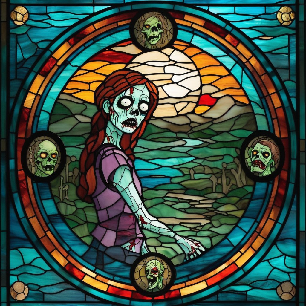 stained glass, circle, 1 girl, zombie, horror, portrait, landscape, masterpiece, best quality