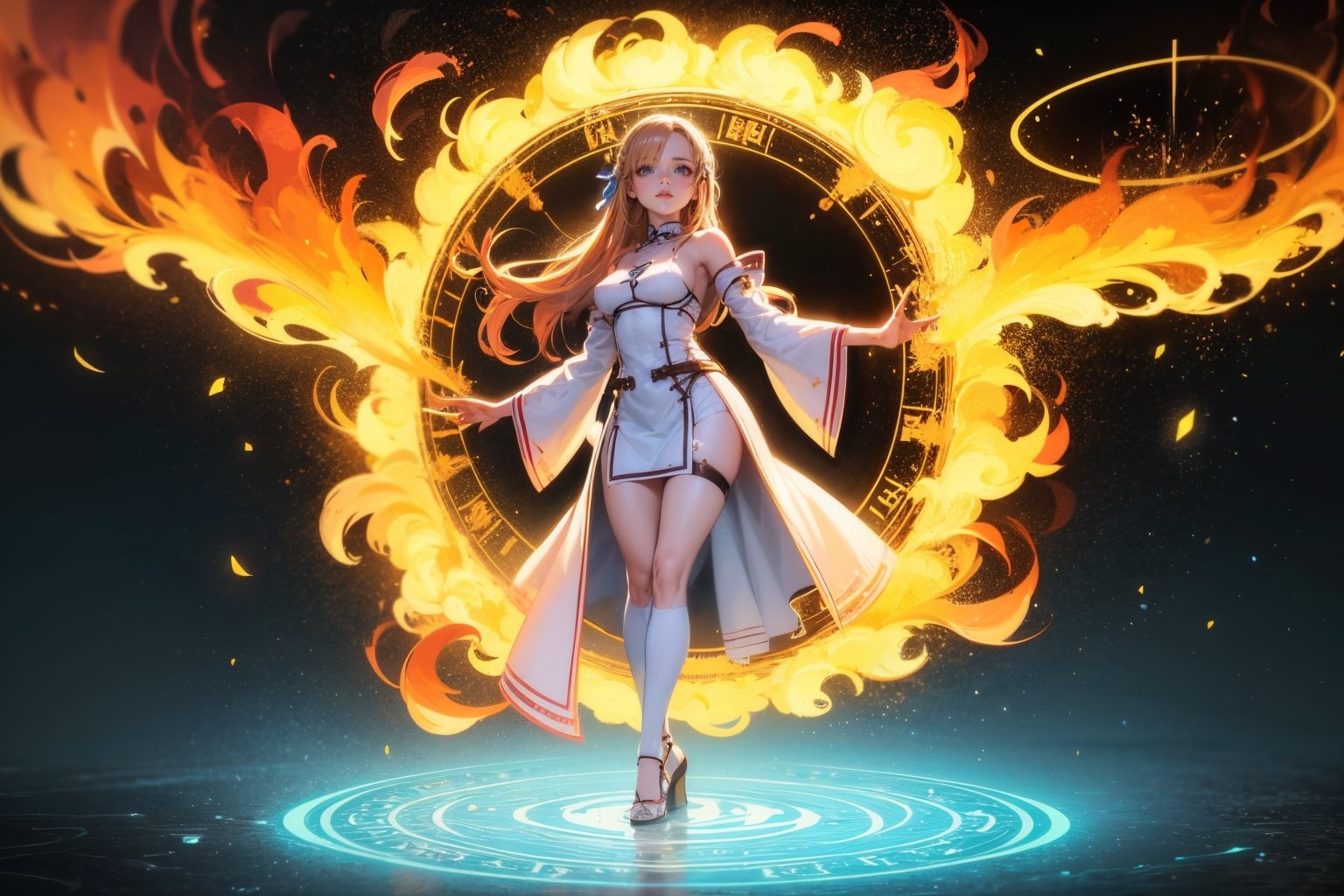 1 girl, colorful, elemental, water, fire, Asuna, Swort Art Online, magic,  masterpiece, best quality, full body, Wide Shot, magic Circle, Circle