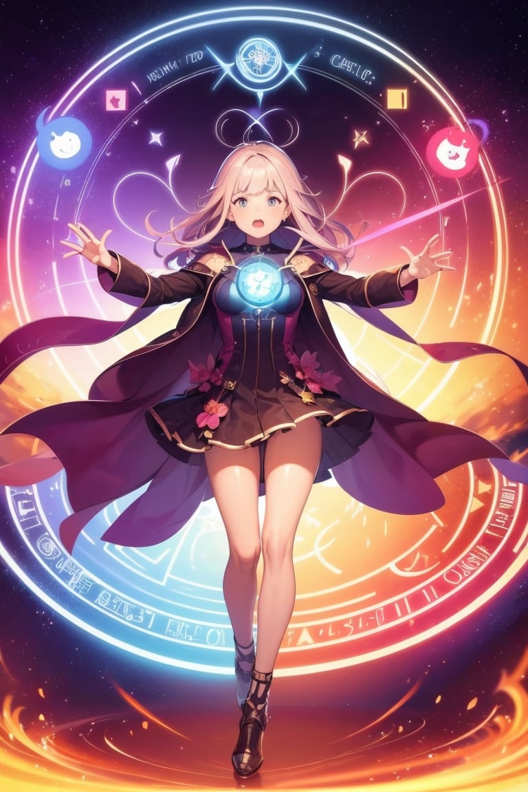 1 girl, colorful, full body, Wide Shot, wallpaper, energy, Unknown terror, arcane, Around the magic ,magic surrounds ,magic rod, book, pages flying all over the sky, Know it all, Predicting the Future, Know the past, Infinite wisdom, blue flame, Warlock, Magical Circle, Circle, Pentagram, incantation, mantra, Witcher,  Singing magic,  masterpiece, ultra realistic, best quality,Circle