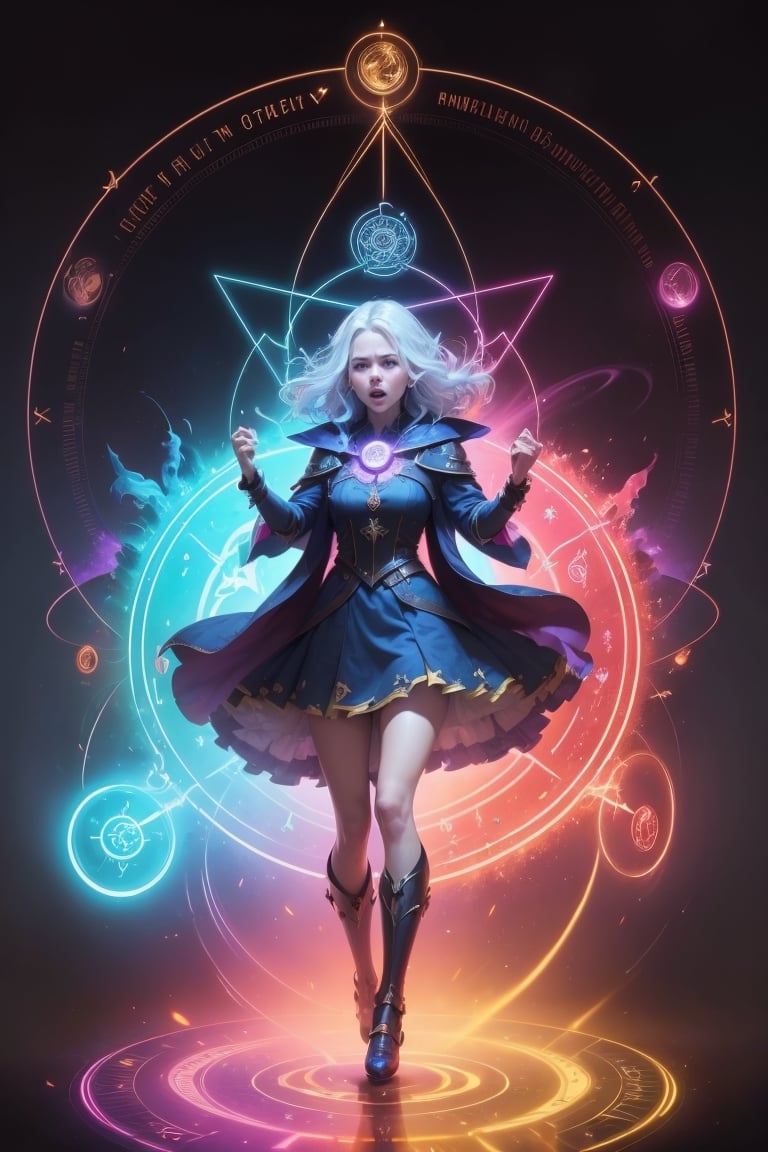 1 girl, colorful, full body, Wide Shot, wallpaper, energy, Unknown terror, arcane, Around the magic ,magic surrounds ,magic rod, book, pages flying all over the sky, Know it all, Predicting the Future, Know the past, Infinite wisdom, blue flame, Warlock, Magical Circle, Circle, Pentagram, incantation, mantra, Witcher,  Singing magic,  masterpiece, ultra realistic, best quality,Circle