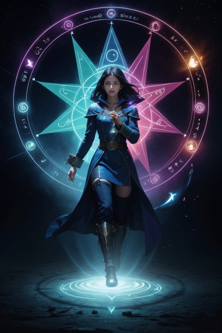 1 girl, colorful, full body, Wide Shot, wallpaper, energy, Unknown terror, arcane, Around the magic ,magic surrounds ,magic rod, book, pages flying all over the sky, Know it all, Predicting the Future, Know the past, Infinite wisdom, blue flame, Warlock, Magical Circle, Circle, Pentagram, incantation, mantra, Witcher,  Singing magic,  masterpiece, ultra realistic, best quality,Circle