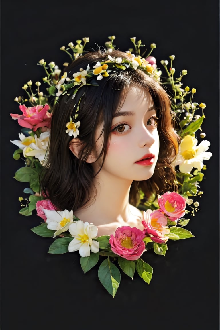 1 girl, charming, masterpiece, best quality, , simple background, Circle, portrait, Flower Wreath, pastle style,