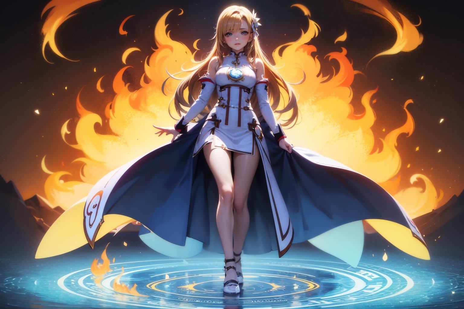 1 girl, colorful, elemental, water, fire, Asuna, Swort Art Online, magic,  masterpiece, best quality, full body, Wide Shot, magic Circle, Circle