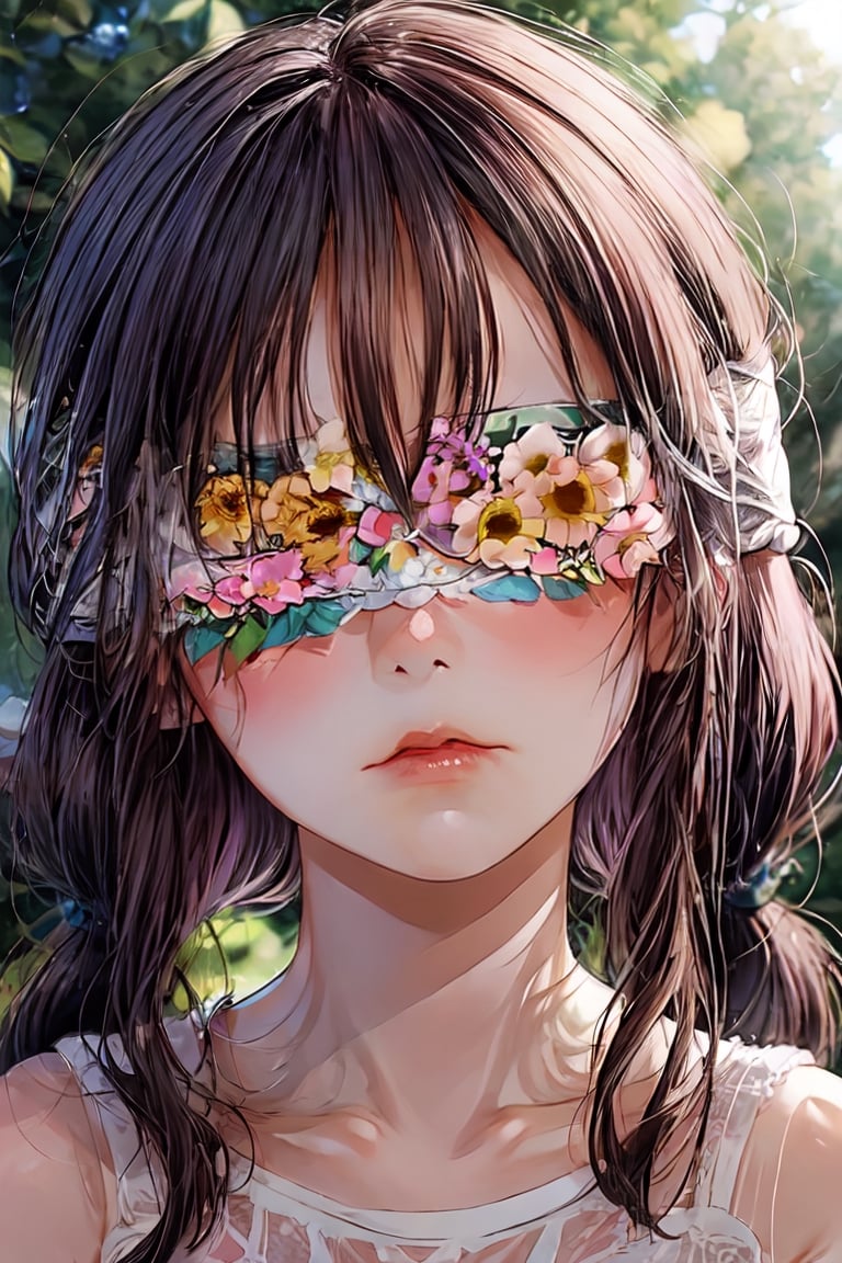 1 girl, Kanna Kamui, portrait, flower gardern, masterpiece, best quality, nature light, Circle, nature background, Flower Blindfold, crying, (tear),