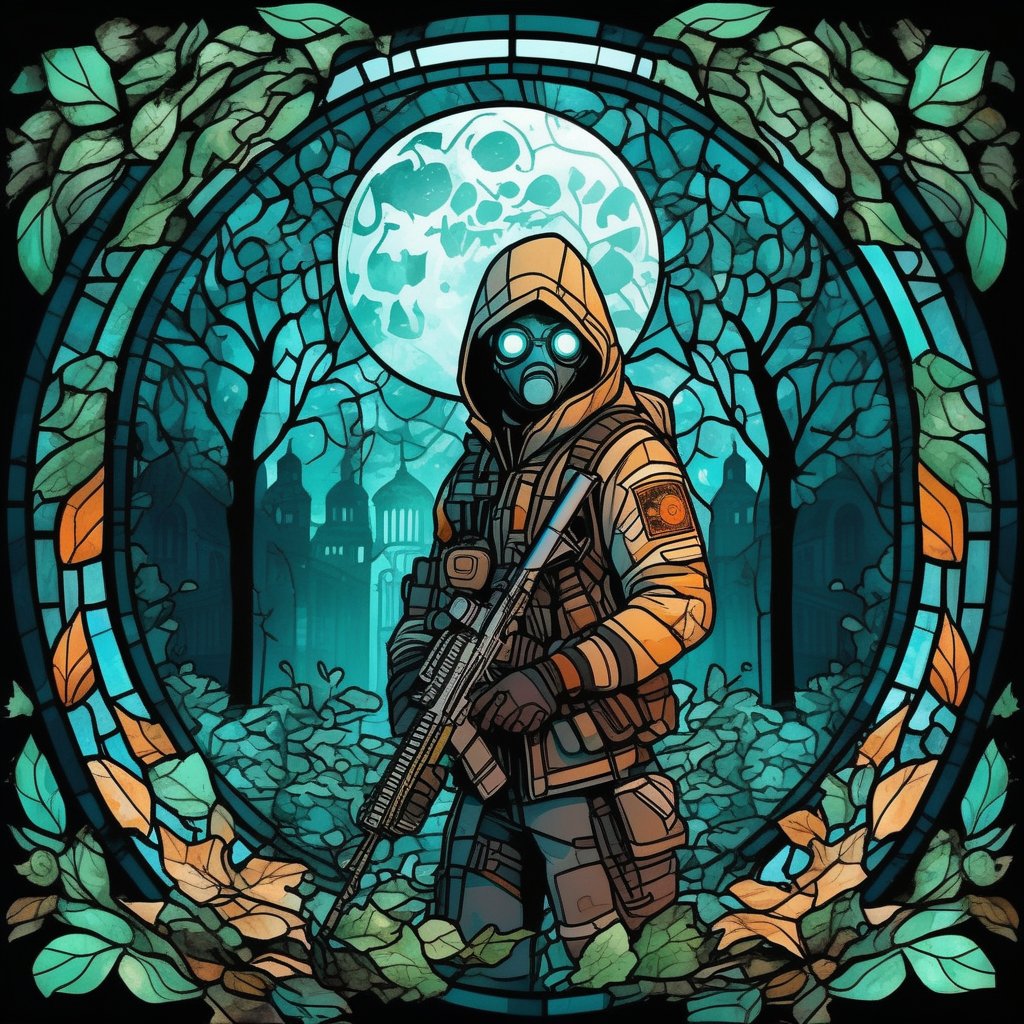 creepy, stained glass, circle, horror, zombies, 2D, Character style the division, wearing a hood, with a precision rifle in his hands, camouflaged in the middle of the leaves, moonlight hitting his back Masterpiece, best quality, (very detailed CG unit 8k wallpaper) (best quality), (best illustration),