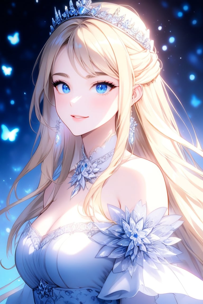 Beautiful girl, Calca Bessarez (Overlord), long hairstyle, blonde hair, blue eyes, tiara, princess, white dress, masterpiece quality, light particles, beautiful face, calm face, emo, looking at viewer, upper body, Anime Style., highly detailed