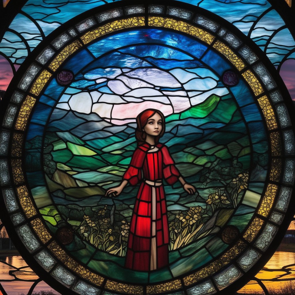 stained glass, circle, 1 girl, full body, look at nature landscape, night light, nature, Wide Shot, horror, portrait, landscape, masterpiece, best quality