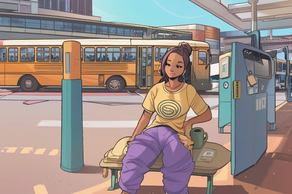 (Circle), Pajama pants and oversized t-shirt, Bus station, Sunny,