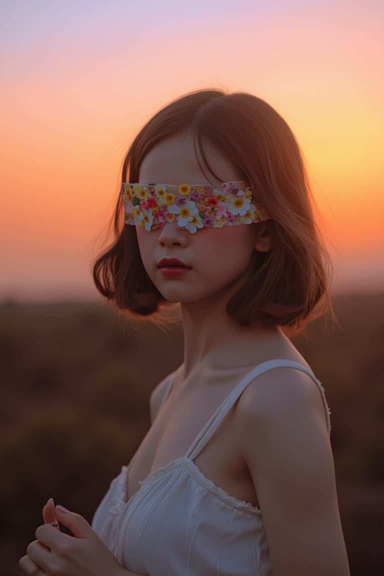 1 girl, portrait, sunset background,  look at viewer,blindfolded flower