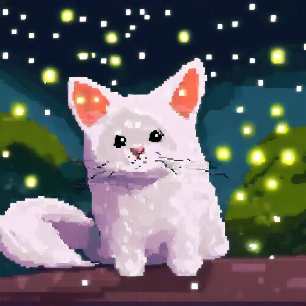 1 cat, nature back ground, night light, pixel representation art work