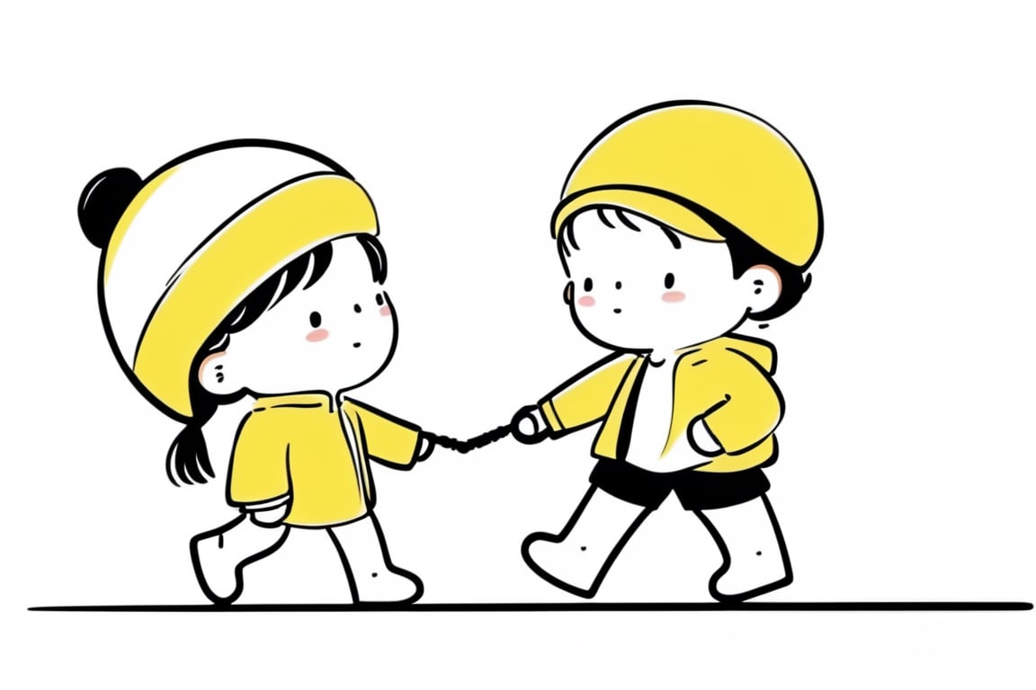 a boy and a girl walking on street, Line Chibi yellow, sping, white background, 