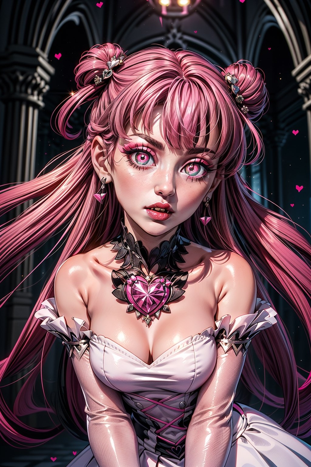 gem, (pink lip, pink eyes, hair bang, long hair, two side up, straight hair, heavy hair, pink hair stripes,
black hair), (glitter, sparkling dress, shimmering outfit, shinning, white vampire princess, lolita dress, white dress, long gloves, white gloves, white sleeve, bare shoulder), bright light, bubbles, longsword, glittering, sparkling daydream, sparkle_eyes,((singing pose)), ( palace hall, castle hall, ballroom, spotlight), portrait, diamond, white rose, (heart-shaped pupils:1.5), (symbol-shaped pupils:1.5), (mismatched pupils:1.5),draculaura_mh , ((flaming eye, pink flaming eyes))