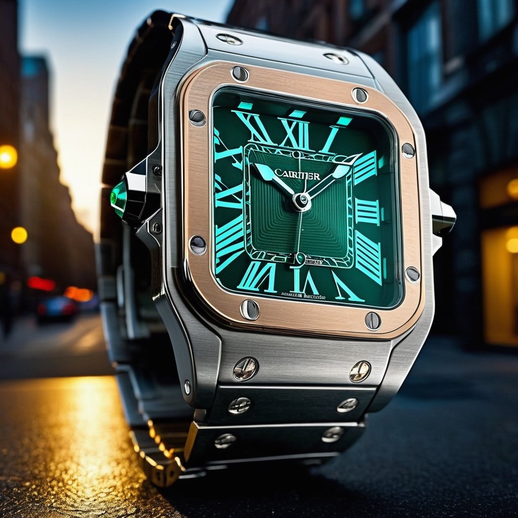 ((Highly detailed:1.5)),4k,((UHD)),HDR,Masterpiece,((best quality:1.5)),High Detail, (Create a watch cyber futuristic reissue Cartier Santos in futuristic concept redesign, on the wrist of viewer:1.4),on the street in natural light,detailed sun light,volumetric lighting,precise lineart,dramatic impressive shot angle,beautiful,ultra detailed,colorful,rich deep color,revolutionary,glow effects,Vivid color,view on street