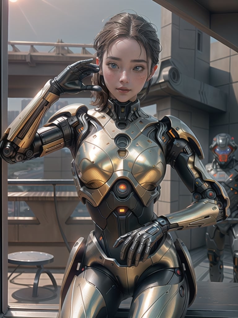 (masterpiece), ((hyper realistic)), ((extreme highly detailed)), ((in focus)), solo, ((imagine futuristic humanoid robot in highly intricated as A Lang & Son build it  resembling female body highly detailed)), (morph, human, robot:0.1), ((her face made of steel perfect)),( her body is made of intrincated highly detailed mix of  widely of different tarnished metallic mechanical parts and brushed aluminium parts and high polished mirror metal parts)),  super realism,  photo real, expert cinematic dramatic lighting, ( posing  in futuristic dawn sun balcony rim light:1.5), half body seated shot view:1.1