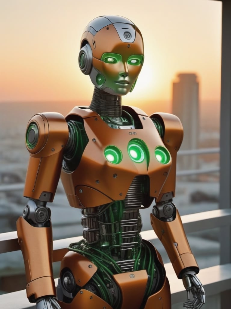 (masterpiece), ((hyper realistic)), ((extreme highly detailed)), ((precise focus)), solo, ((imagine futuristic humanoid robot in highly intricated  resembling female body years of use damages highly detailed)),  ((face made of mixed tarnished steel parts and plastic details:1.2)),(the body is mostly  made of intrincated highly detailed mix of different tarnished metallic parts and oxidized discolored parts and green glowing electronic parts:1.5), ((tiny little details in oxidized chrome steel and orange colors accentuations graphiscs:1.1)),  super realism,  photo real, expert cinematic dramatic lighting, ( fancy posing  in futuristic dawn sun balcony rim light:1.5), half body dynamic pose shot view:1.1,mecha dieselpunk