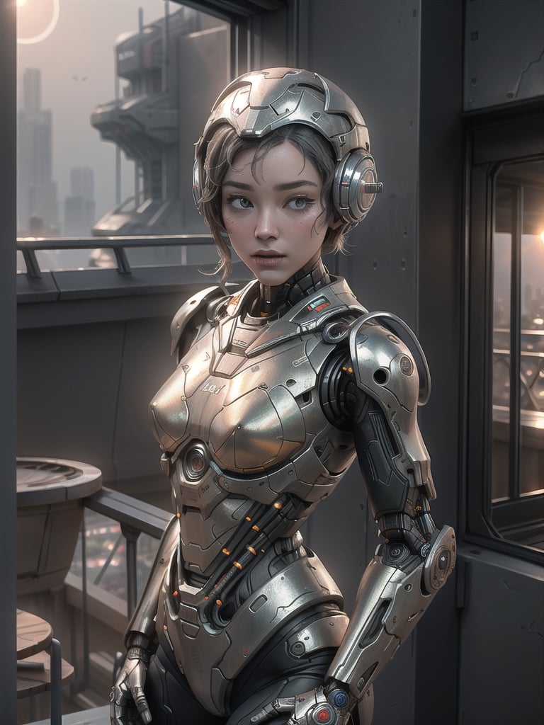 (masterpiece), ((hyper realistic)), ((extreme highly detailed)), ((in focus)), solo, ((1 futuristic humanoid robot in highly intricated sci fi style,  resembling female body)), ((her face made of steel perfect)),( her body is made of intrincated highly detailed mix of  white of different tarnished metallic mechanical parts and brushed aluminium parts and high polished mirror metal parts)),  super realism,  photo real, expert cinematic dramatic lighting, ( posing  in futuristic dawn sun balcony rim light:1.5), half body shot view:1.1