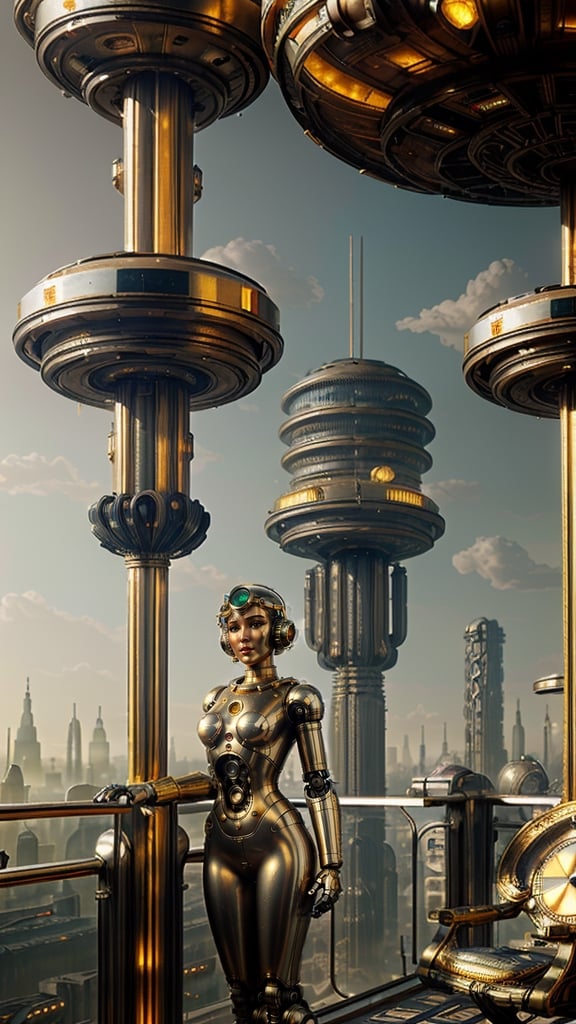 (masterpiece), (award_winning photo), (ultra_realistic:1.5),  (on focus), (ultra detailed), ((a medium shot of retro science fictional art deco styled very beautiful robotic girl made of polished gold and intrincated glowing vacuum tubes porcelain and polished steel mechanical parts on face and body on balcony looking for a colossal city below:1.5)), ((draw her half body shot and face can be seem:1.2)), city extremely complex and intricated detailed scene, ultra realistic illumination with sun light, decopunk style