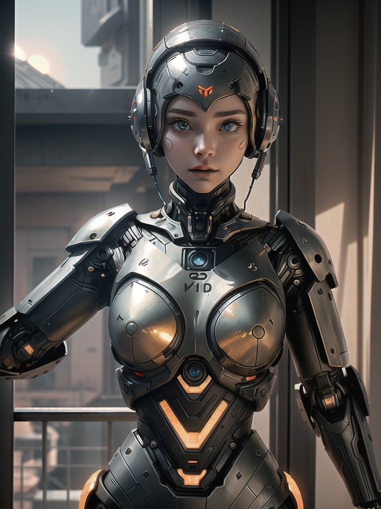 (masterpiece), ((hyper realistic)), ((extreme highly detailed)), ((in focus)), solo, ((1 futuristic humanoid robot in highly intricated sci fi style,  resembling female body)), ((her face made of steel perfect)),( her body is made of intrincated highly detailed mix of  white of different tarnished metallic mechanical parts glowing electronic parts and polished mirror metal parts)),  super realism,  photo real, expert cinematic dramatic lighting, ( posing  in futuristic dawn sun balcony rim light:1.5), half body shot view:1.1