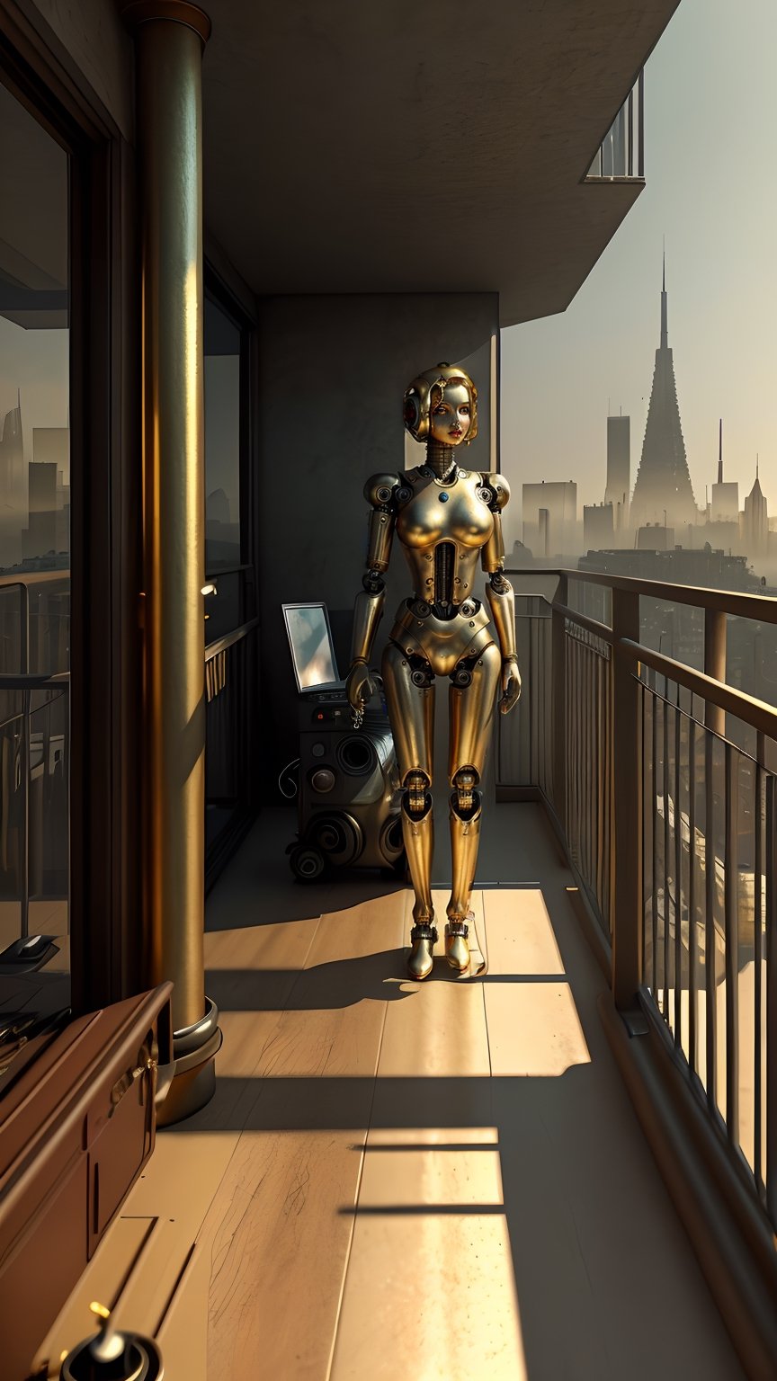 (masterpiece), (award_winning photo), (ultra_realistic:1.5),  (on focus), (ultra detailed), ((a retro science fictional art deco styled beautiful robotic girl made of polished gold and intrincated glowing vacuum tubes and polished steel mechanical parts on face and body on balcony looking for a colossal city below:1.5)), ((draw her half body shot and face can be seem:1.2)), steam and sparks, extremely complex and intricated detailed scene, ultra realistic illumination with sun light, decopunk style