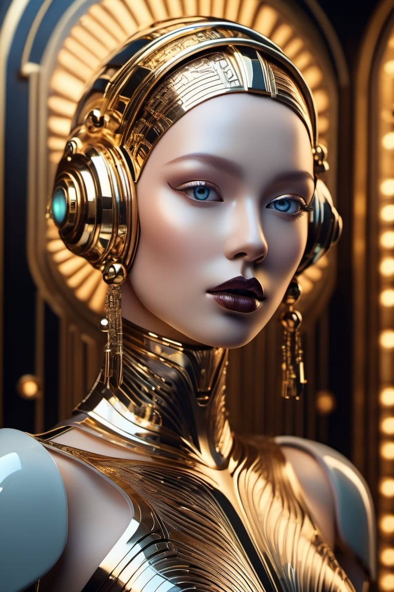 (masterpiece),(ultra realistic), (Highly detailed), (Full body photo:1.2), (Create a full body photo realistic of an biomechanical retro styled robot girl with all front face made of very transluscent porcelain with intricate mecahnical golden pieces on the face, many lines of gold decorate in art deco style her face and body:1.5), ((perfect body:1.5)), (sub surface scatering light:1.2) on background a big hall of a retro futuristic buiding in art deco style of 30's, noir sci fi movie, retro futurism, many gold, polished chrome, gem stone black opal, glass and luxurious, (full body shot:1.5), cinematic illumination