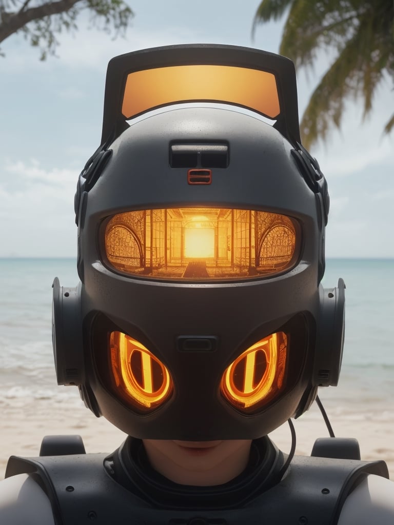 (masterpiece),(realistic photo:1.2), ((hyper realistic)), ((extremelly intrincated image:1.5)), ((in focus)), (face close shot), (strong tarnished and scratched steel and damaged robot resembling a woman seating in beach sand under trees shadow:1.2), (extremelly intrincated detailed Robotic helmet on head and body:1.5), some leaves shadows casting on robot, ( bright afternoom sunny illuminated beach:1.5), 